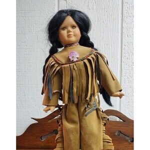 Ashley Belle Collectible American Indian Porcelain Doll Bornsun 14'' With Stand